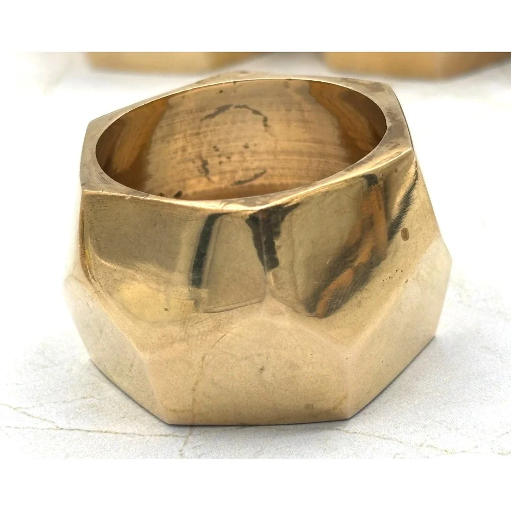 Set of 8 Solid‎ Brass Faceted Napkin Rings Modern Geometric Brutalist Style EUC